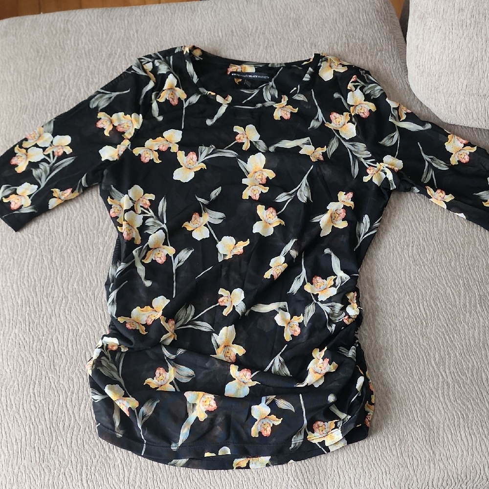 White House Black Market Black and Yellow Floral Blouse